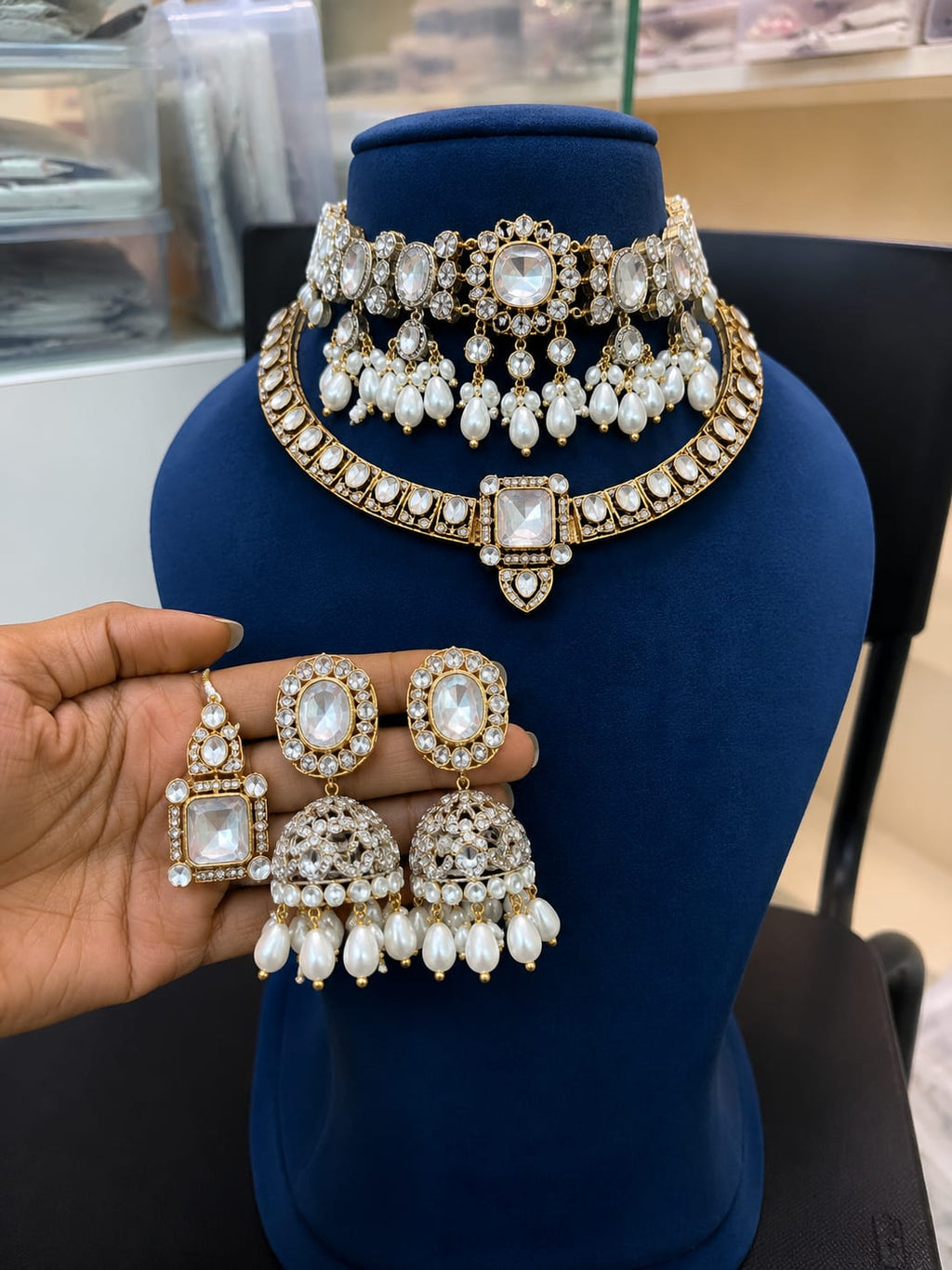 Premium Bridal Kundan Polki Choker Necklace Set with Pearl Jhumka Earrings