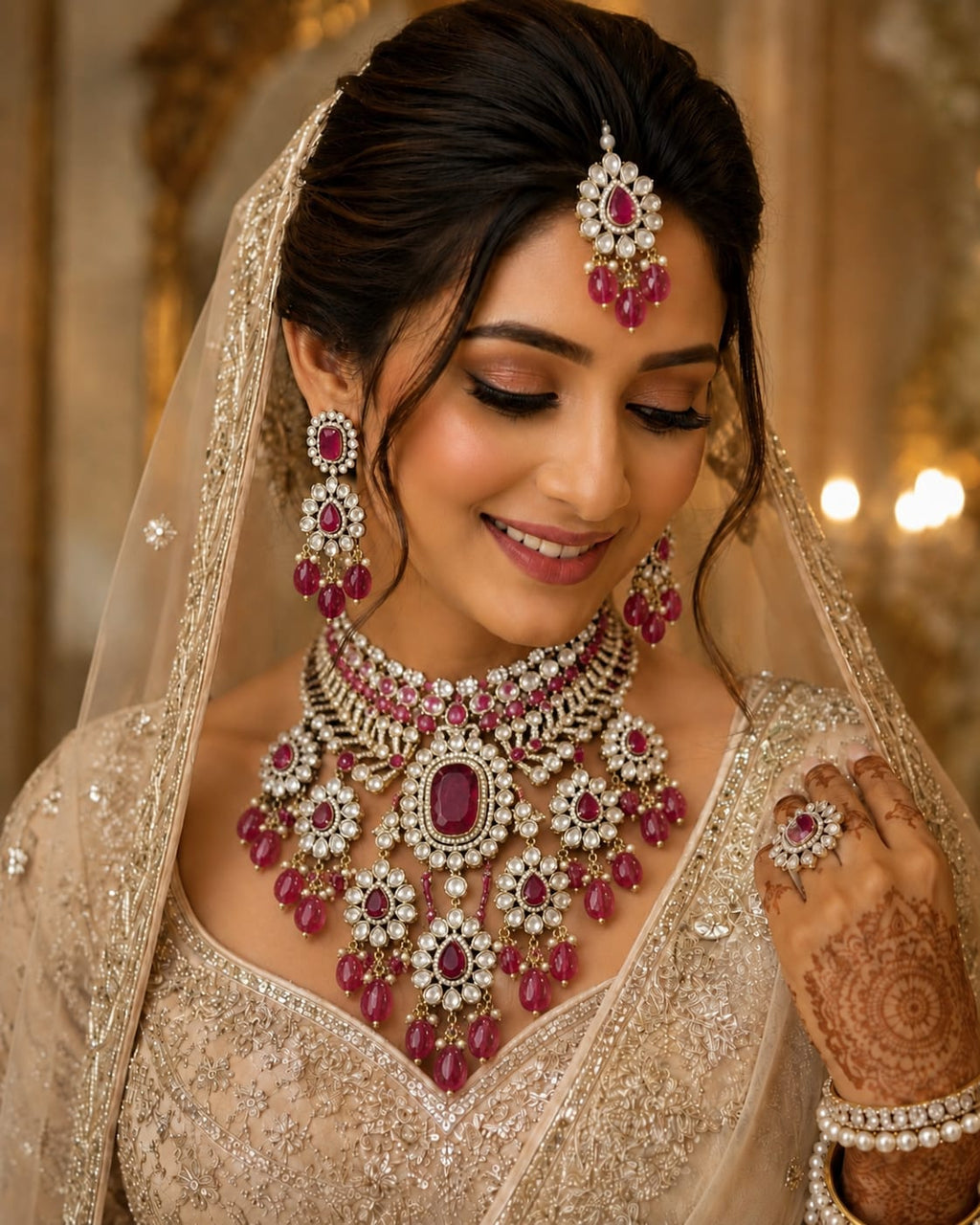 Ruby Red Bridal Kundan Polki Choker Jewellery Set with Statement Earrings