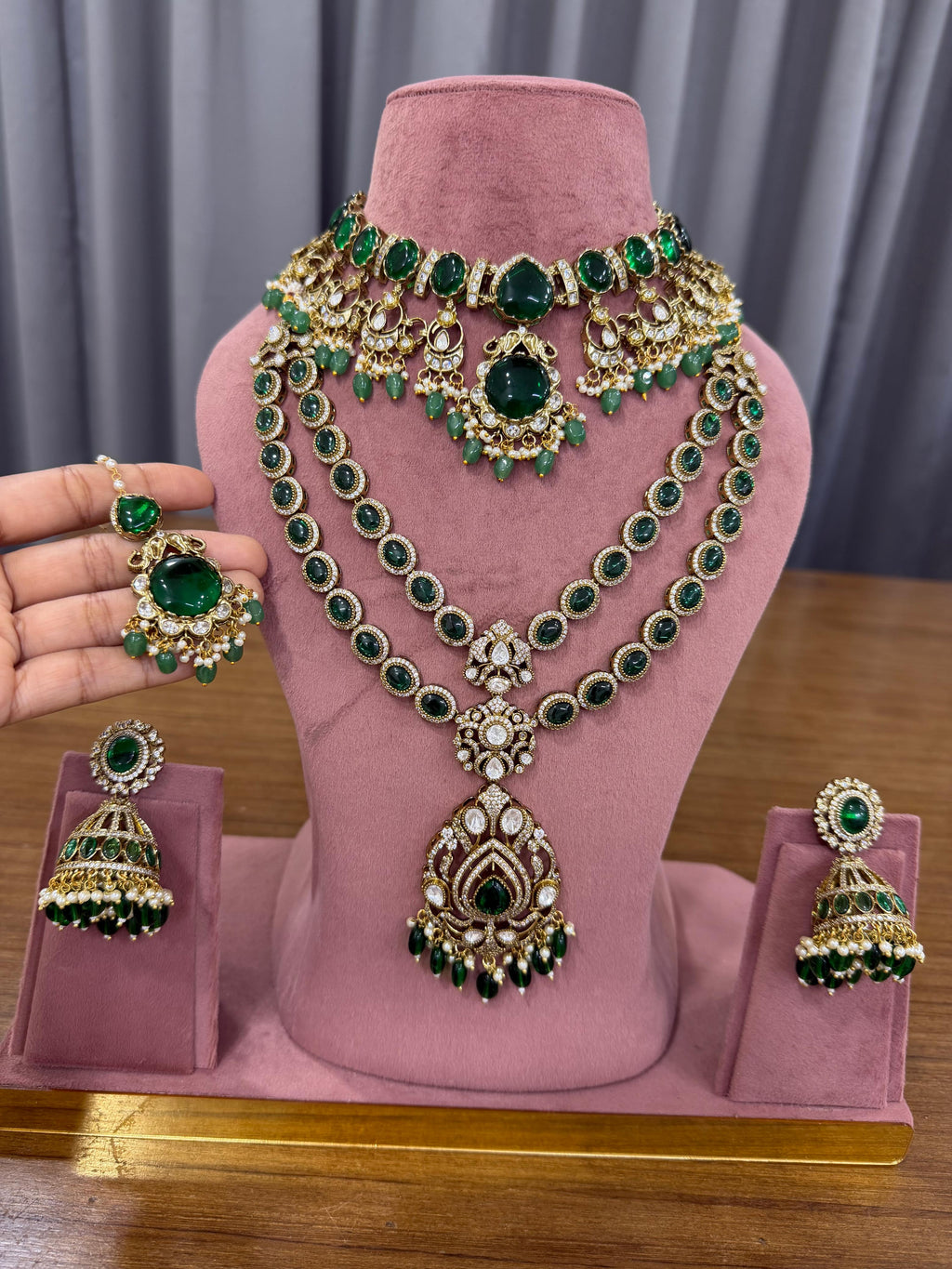 Emerald Green Bridal Kundan and Polki Jewellery Set with Choker and Long Necklace