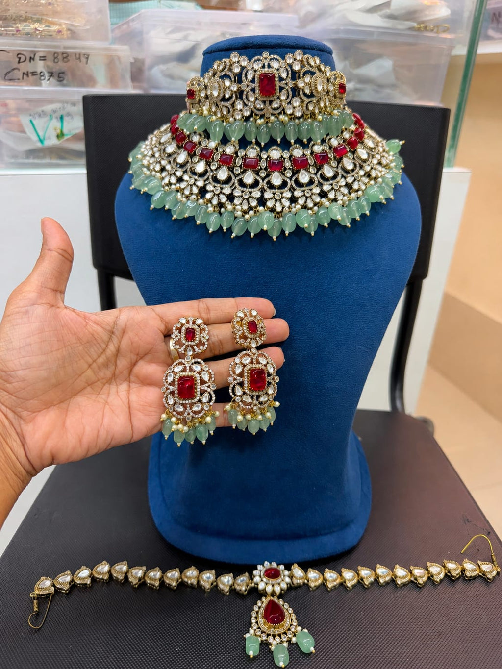 Premium Ruby Red & Mint Green Bridal Kundan Polki Choker Jewellery Set with Earrings and Maang Tikka