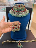 Premium Ruby Red & Mint Green Bridal Kundan Polki Choker Jewellery Set with Earrings and Maang Tikka