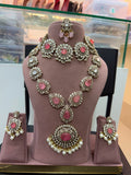 Pink Bridal Kundan Polki Jewellery Set with Choker Long Necklace Earrings and Maang Tikka