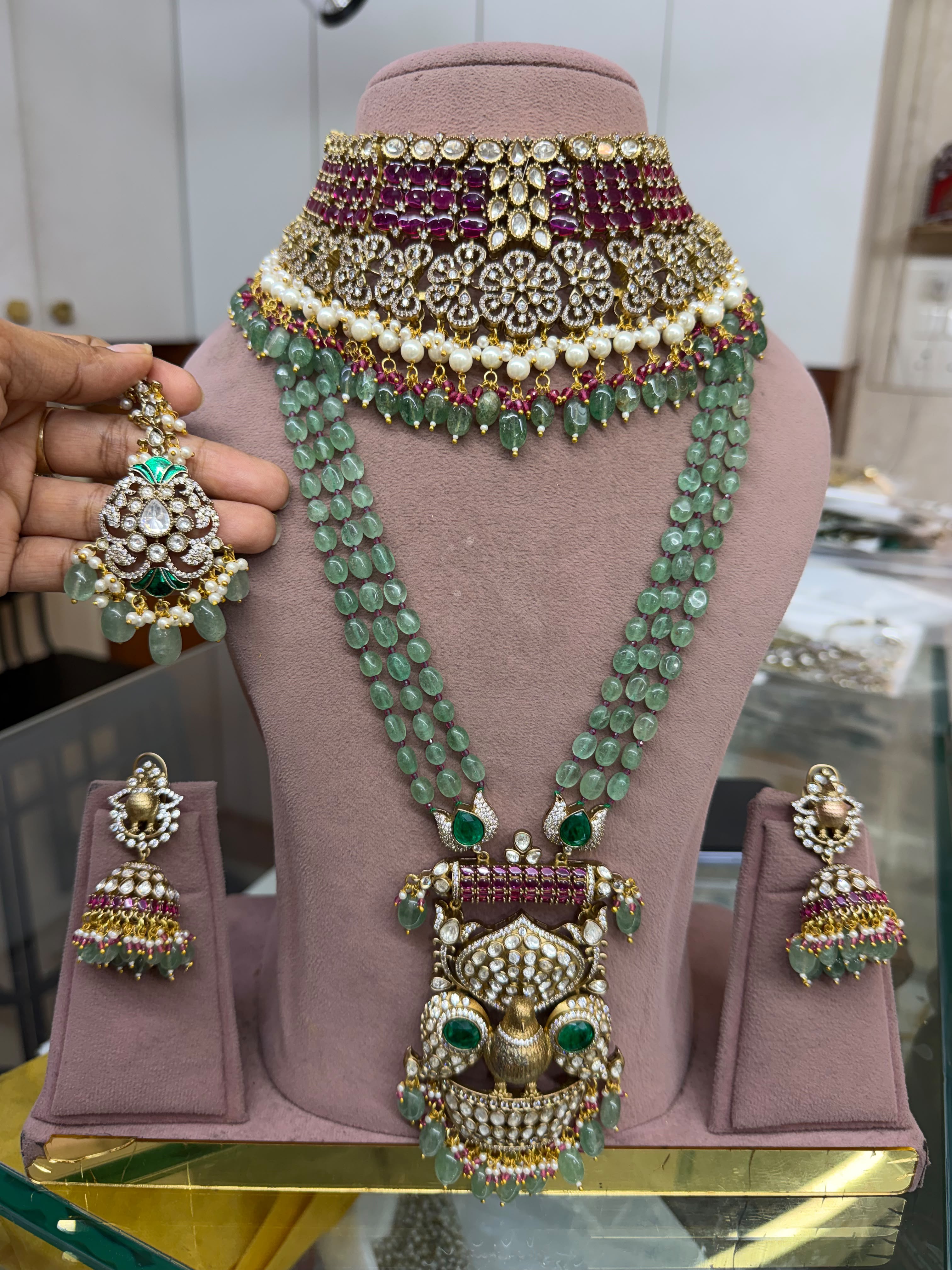 Bridal Kundan Polki Jewellery Set with Green Beaded Long Necklace, Choker and Peacock Pendant