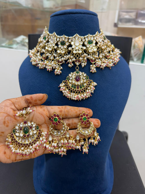 Bridal Kundan and Polki jewellery set with choker long necklace and earrings