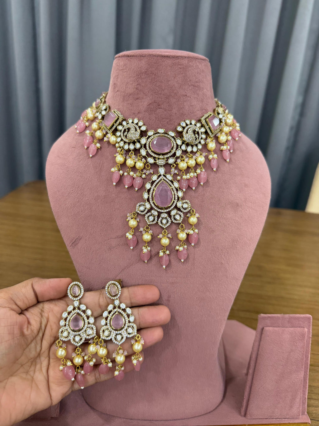 Bridal kundan polki jewellery set with pink stones statement necklace and earrings