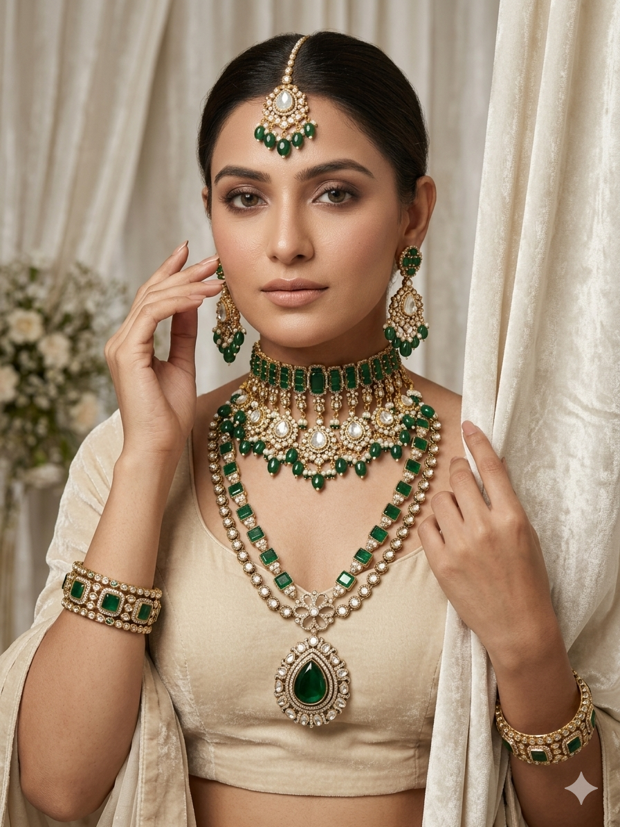 Woman wearing elaborate green and gold bridal jewelry set against a white curtain background
