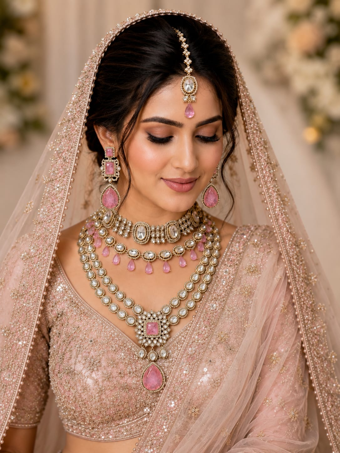 Multi-layered Kundan and Polki long haram necklace set for Indian brides