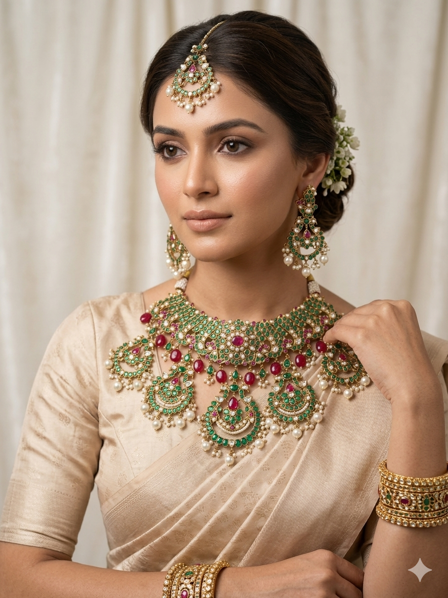 Green kundan choker bridal jewellery set with pearl drops