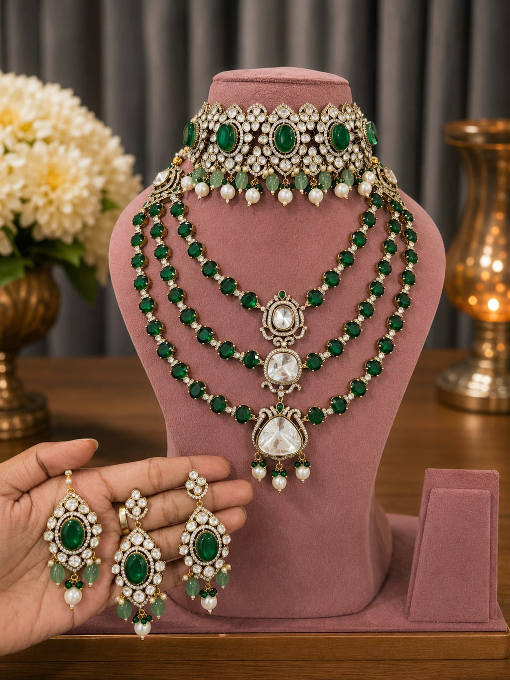 Premium Emerald Green Bridal Kundan & Polki Jewellery Set with Choker, Triple Layer Necklace and Earrings
