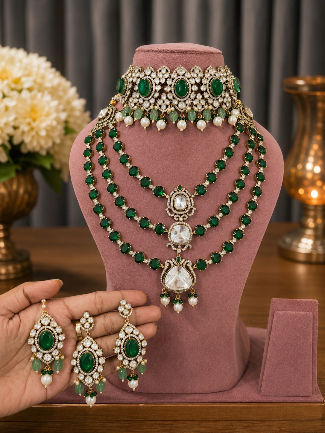 Premium Emerald Green Bridal Kundan & Polki Jewellery Set with Choker, Triple Layer Necklace and Earrings