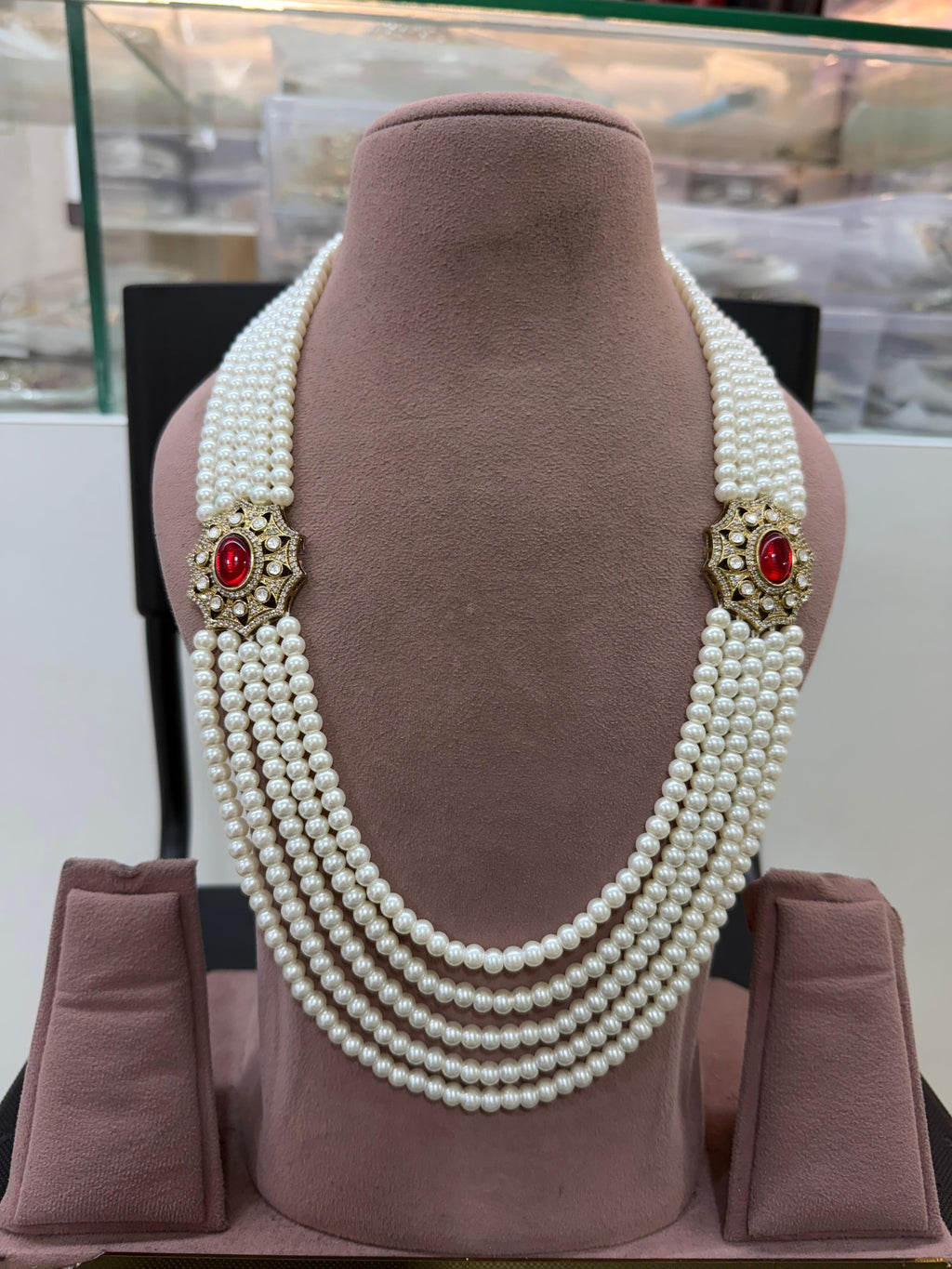Premium Groom Pearl Kundan Mala with Ruby Red Stone Wedding Necklace