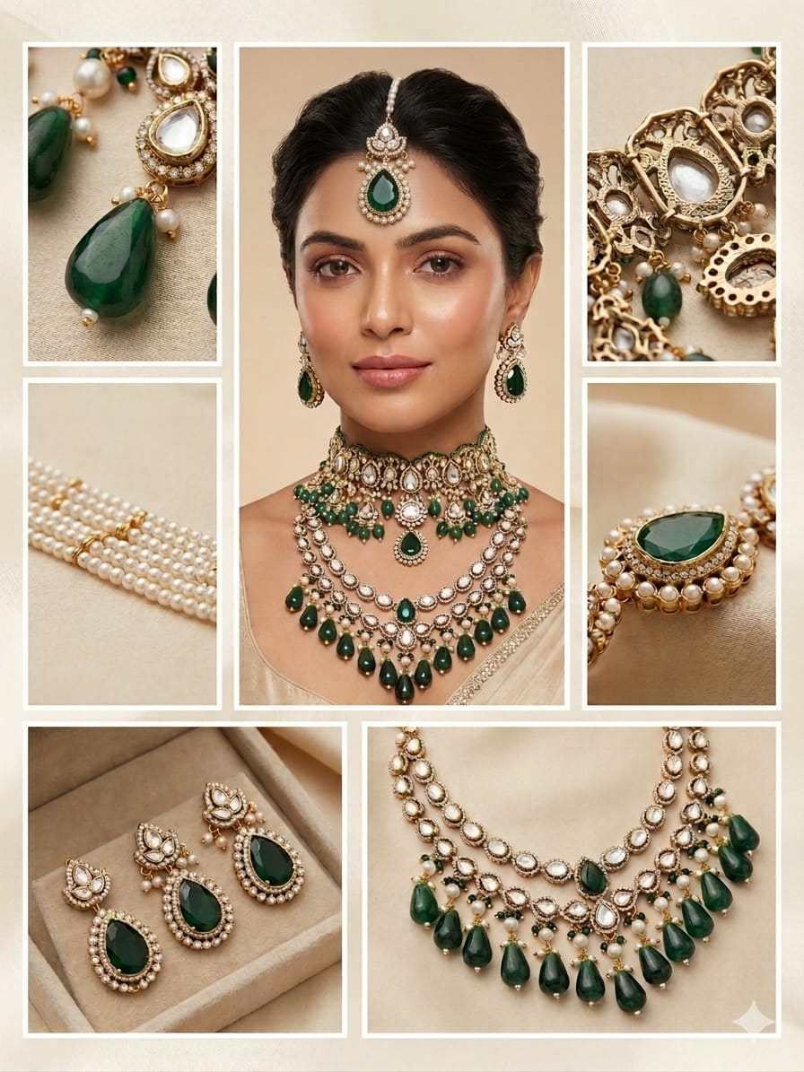 Traditional Bridal Jewellery Set with Green Stones