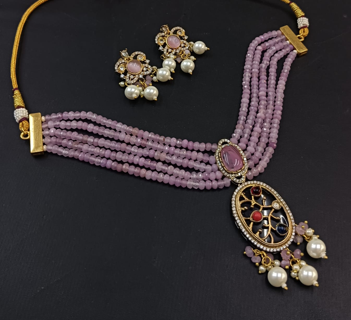 Pink Stone Bridal Kundan Polki Necklace Set with Earrings for Wedding