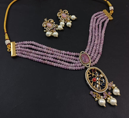 Pink Stone Bridal Kundan Polki Necklace Set with Earrings for Wedding