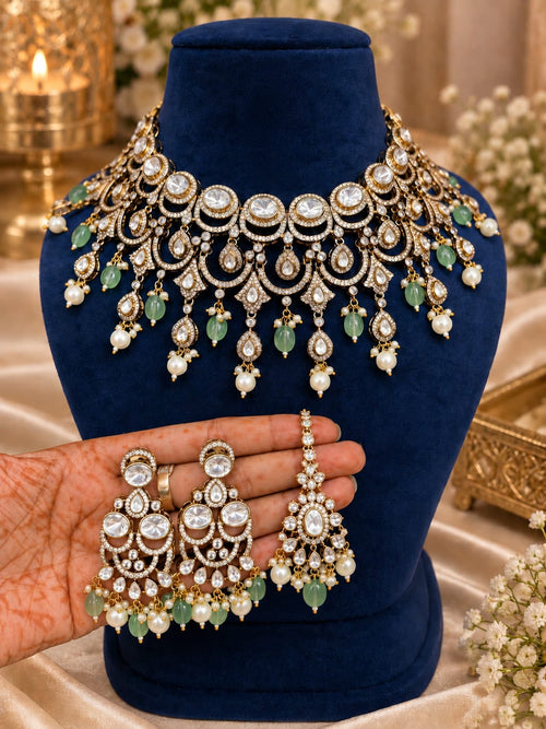 Green Bridal Kundan Polki Jewellery Set with Choker Earrings and Maang Tikka