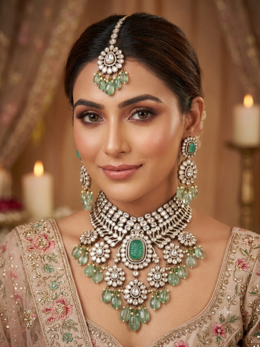 Luxury Bridal Kundan Polki Jewellery Set in Emerald Green