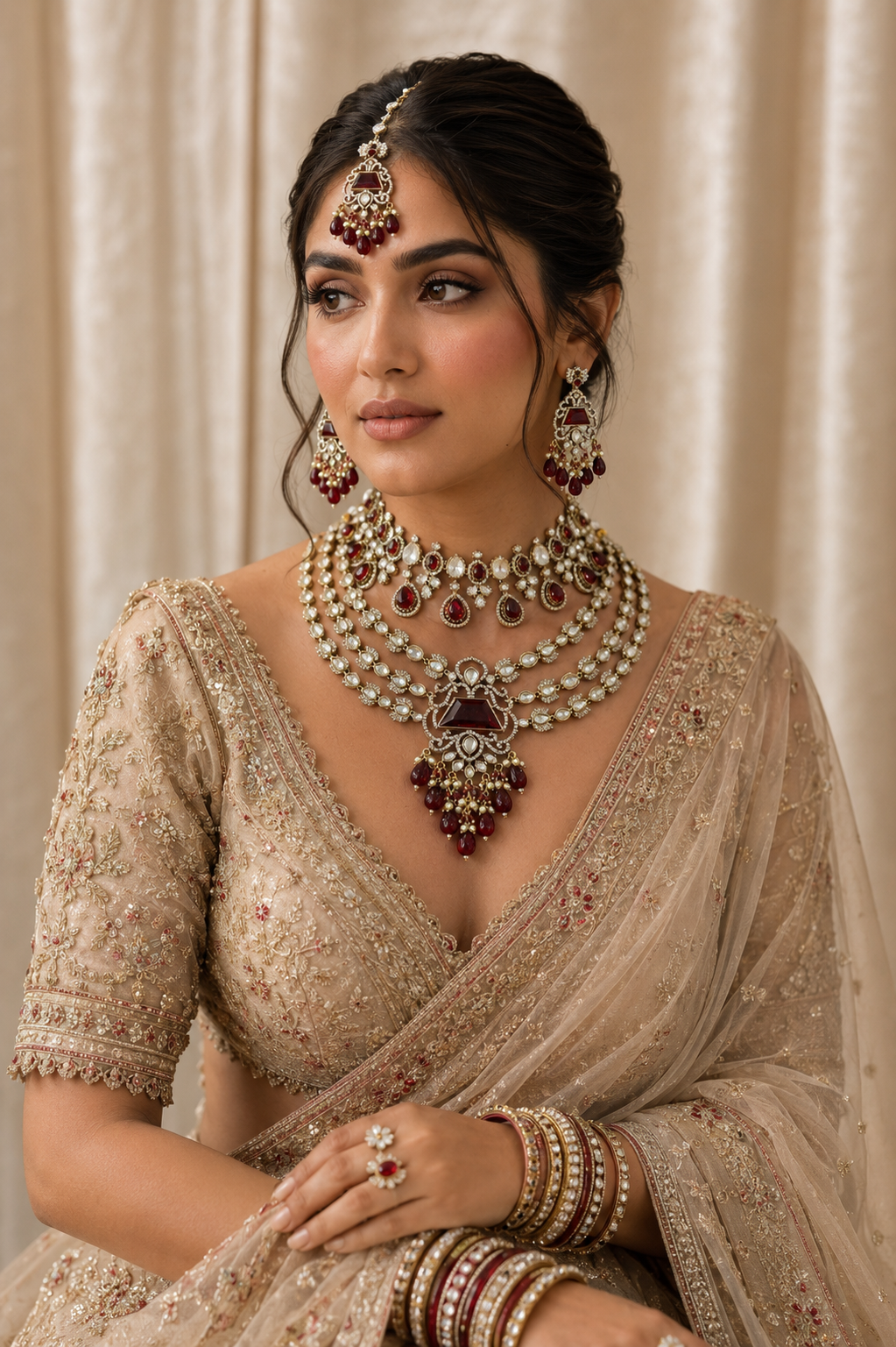 Maroon Bridal Kundan and Polki Jewellery Set with Layered Necklace and Earrings