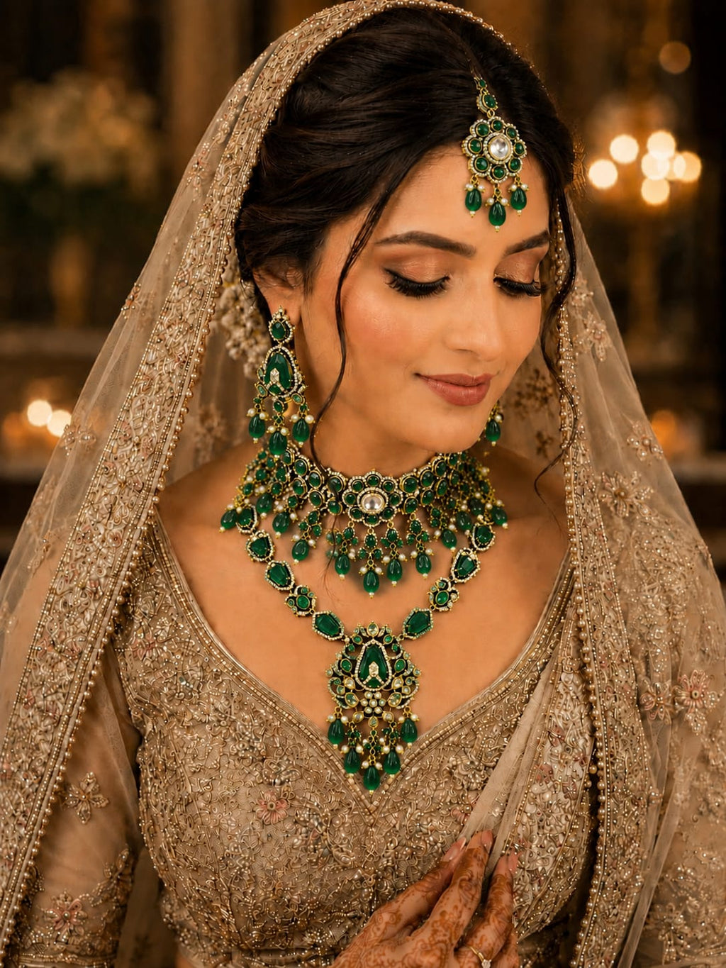 Emerald Green Bridal Kundan Polki Jewellery Set