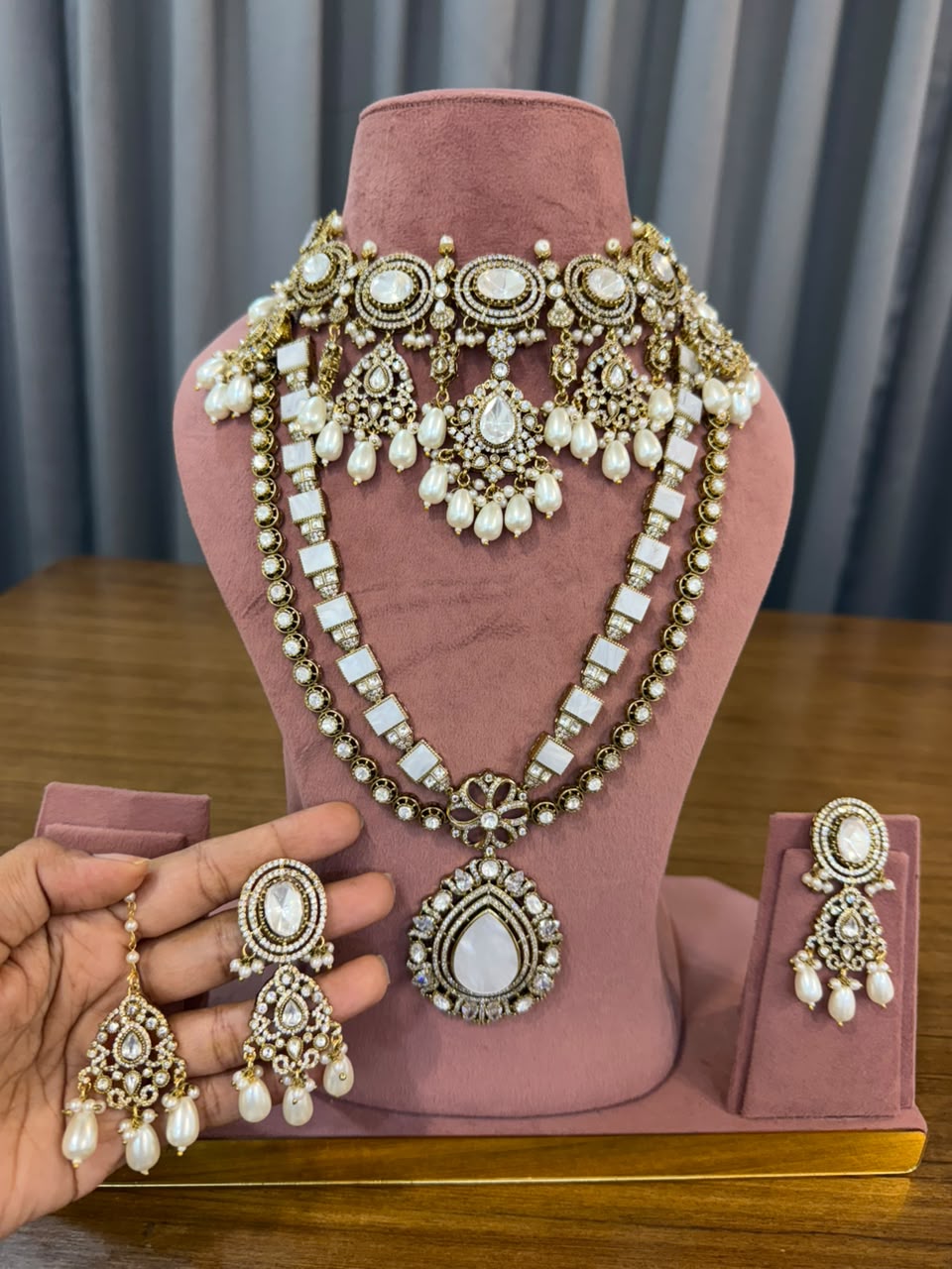 Premium Pearl White Bridal Kundan Polki Long Necklace and Choker Jewellery Set with Earrings