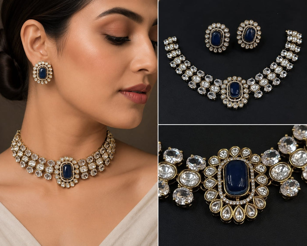 Close-up of uncut Polki Kundan bridal necklace with a dark blue centerpiece stone