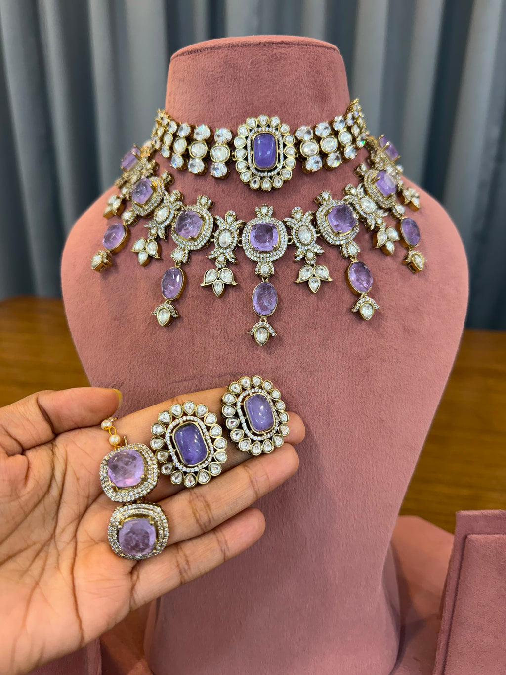 Lavender Bridal Kundan Polki Jewellery Set with Choker Earrings and Maang Tikka