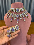Lavender Bridal Kundan Polki Jewellery Set with Choker Earrings and Maang Tikka