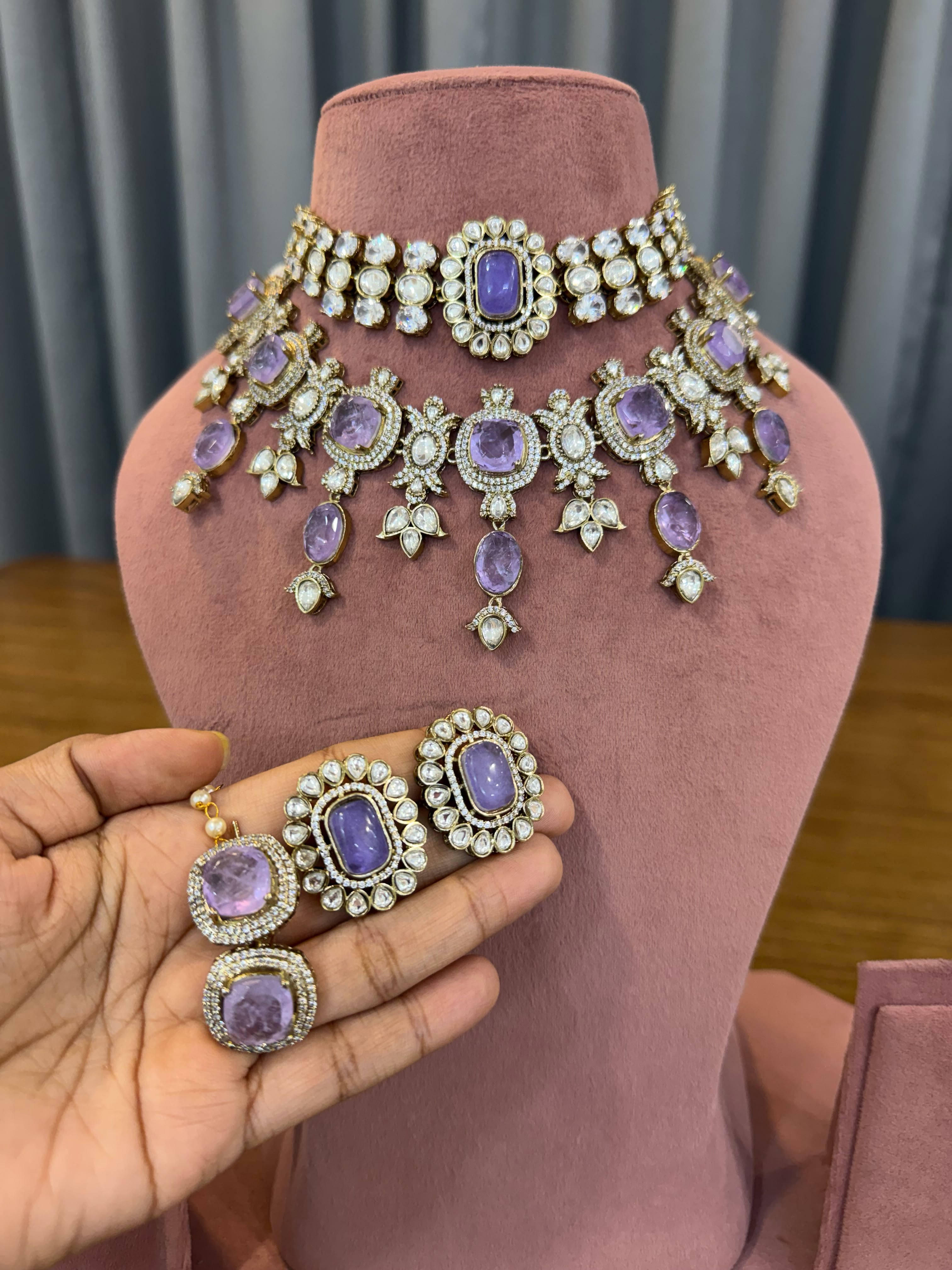 Lavender Bridal Kundan Polki Jewellery Set with Choker Earrings and Maang Tikka