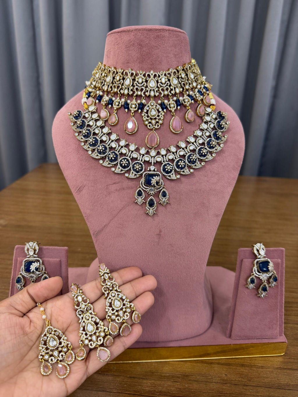 Navy Blue and Rose Pink Kundan Bridal Jewellery Set by Ganesh Kundan Polki.