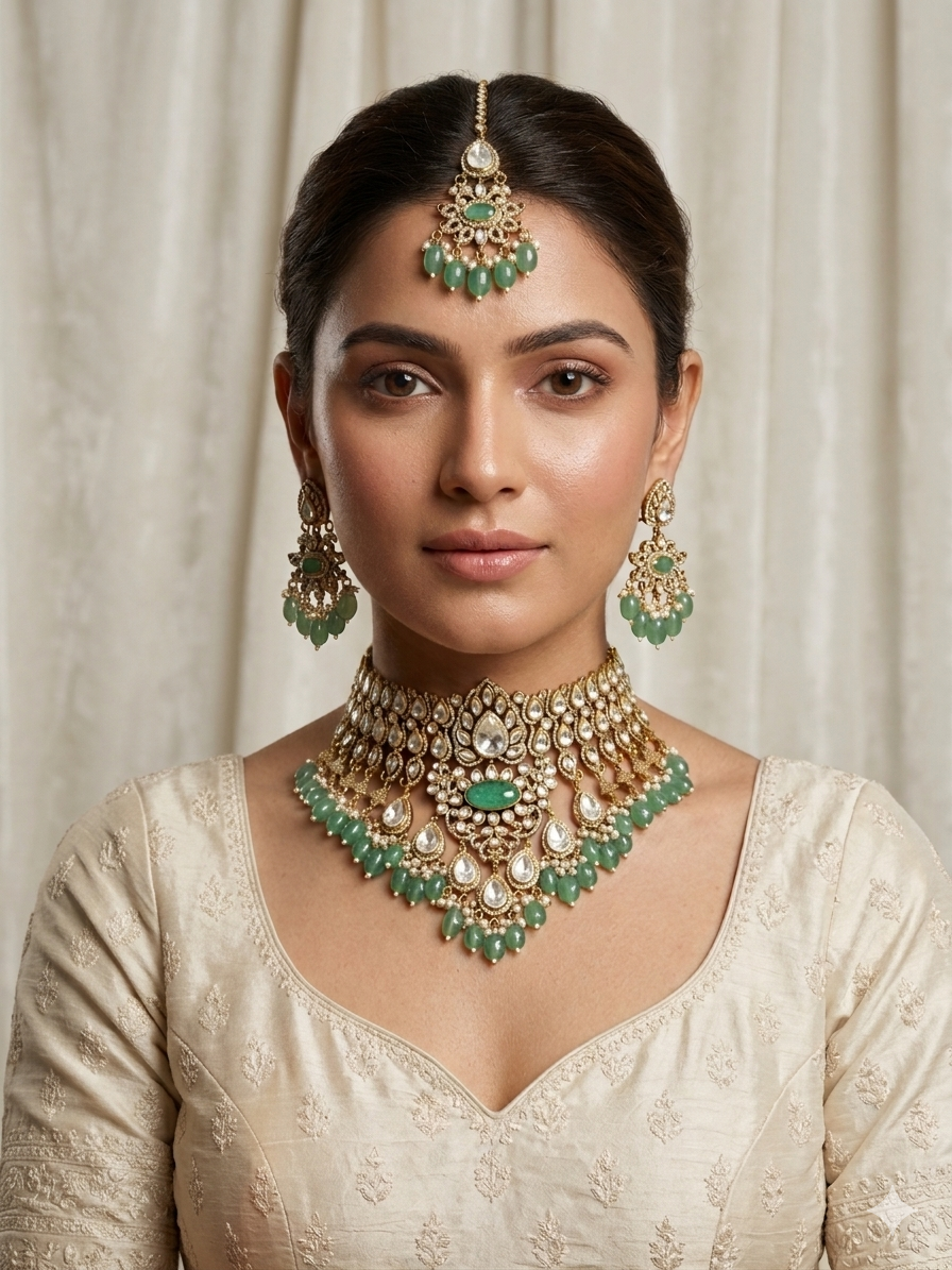 Green stone bridal kundan choker necklace set India