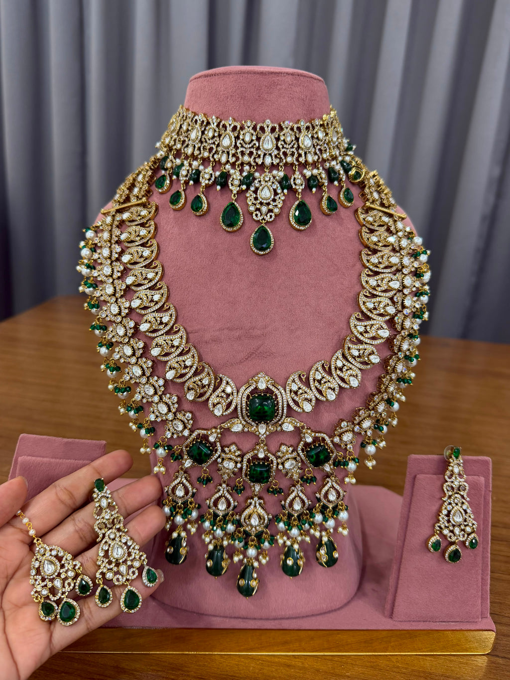 Emerald Green Bridal Kundan Polki Jewellery Set with Choker Long Necklace and Earrings