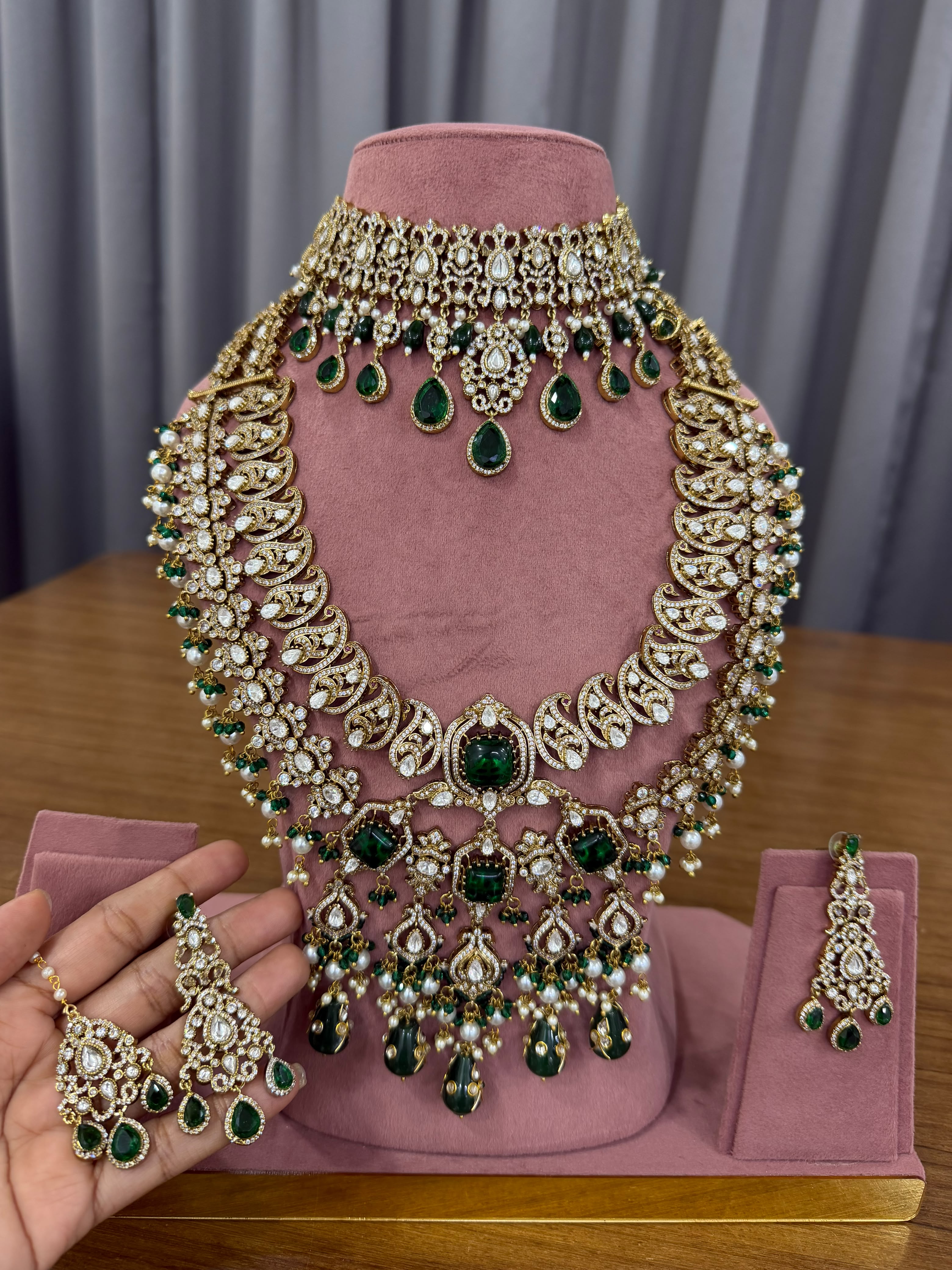 Emerald Green Bridal Kundan Polki Jewellery Set with Choker Long Necklace and Earrings