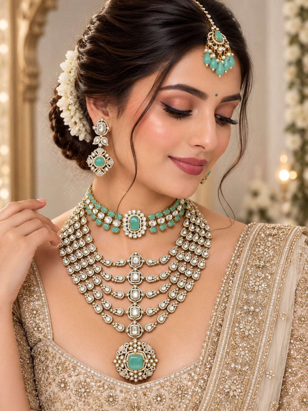 Pastel Mint Kundan Polki Choker & Long Haar Set - Kundan Polki Bridal Jewellery by Ganesh Kundan & Polki (view 2)