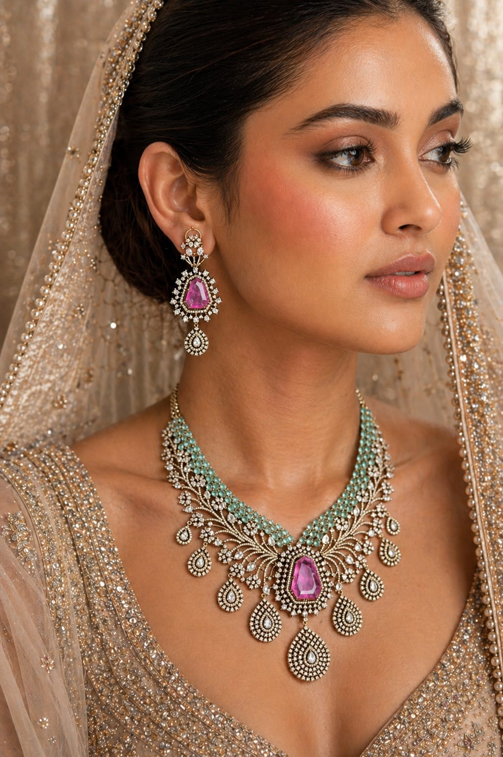 Green kundan bridal choker necklace set with pink stone earrings