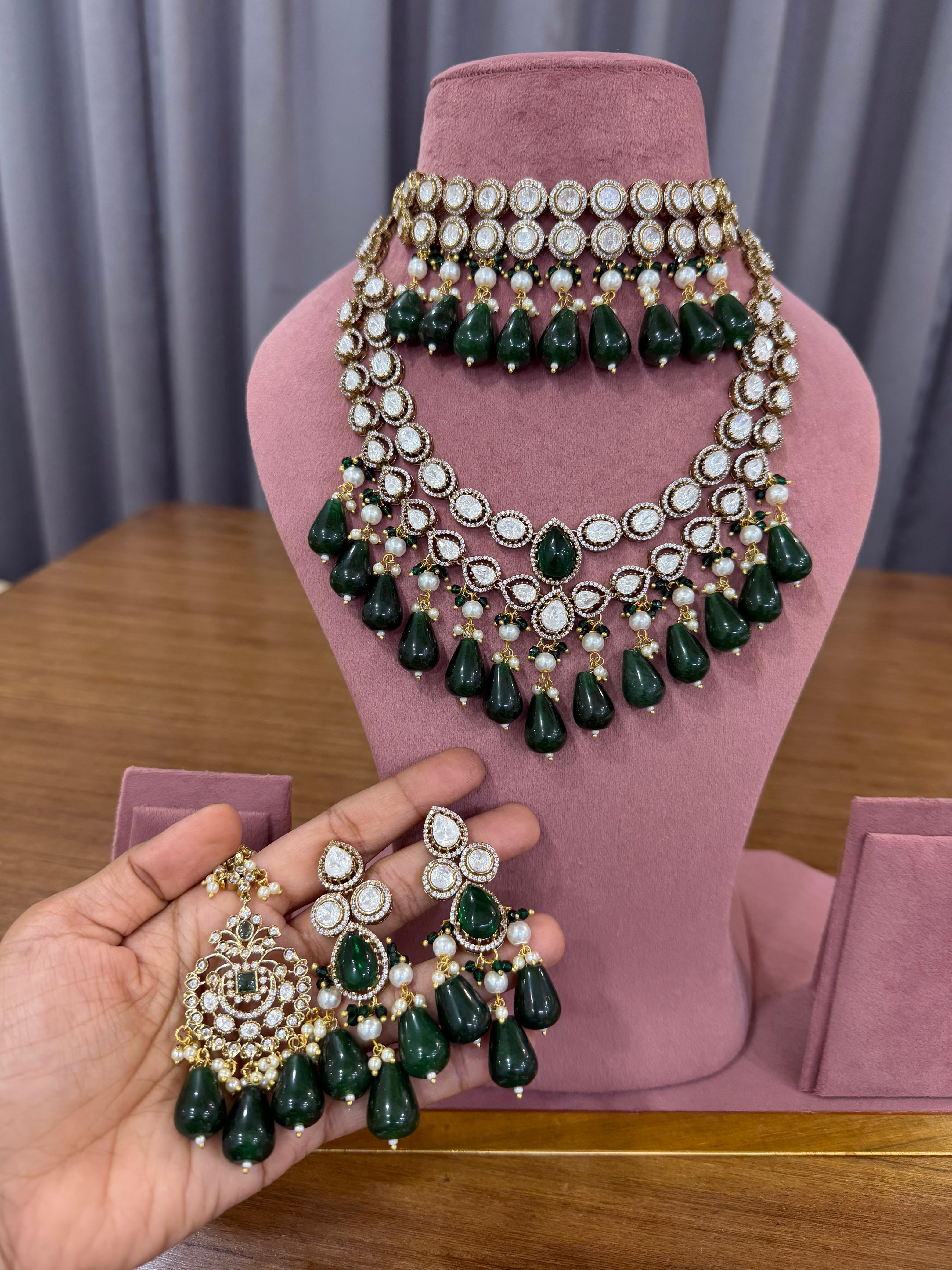 Bridal Kundan and Polki Jewellery Set with Emerald Green Drops and Pearls