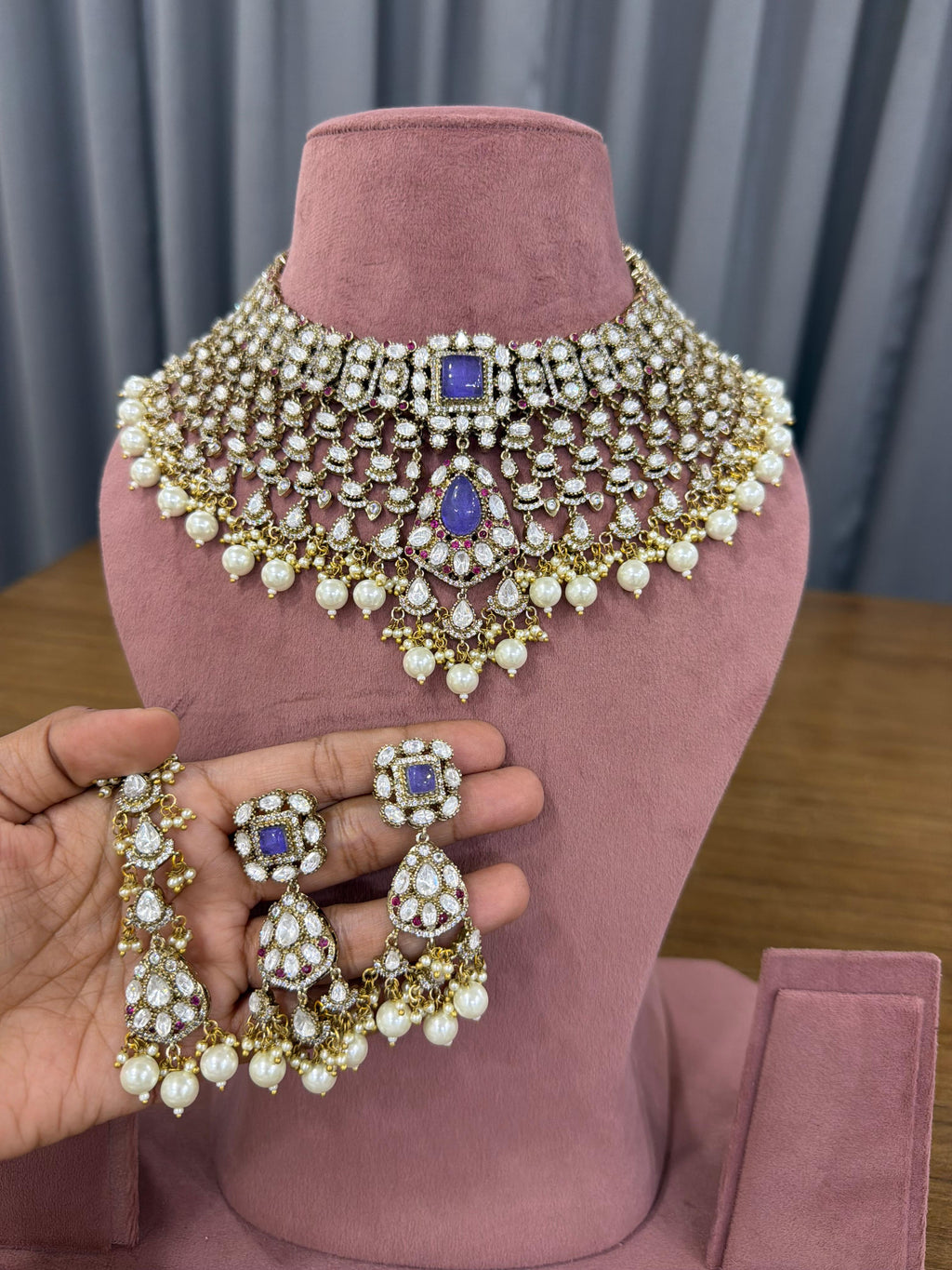Ganesh Kundan and Polki Bridal Choker Set with Tanzanite Blue Stones and Pearls