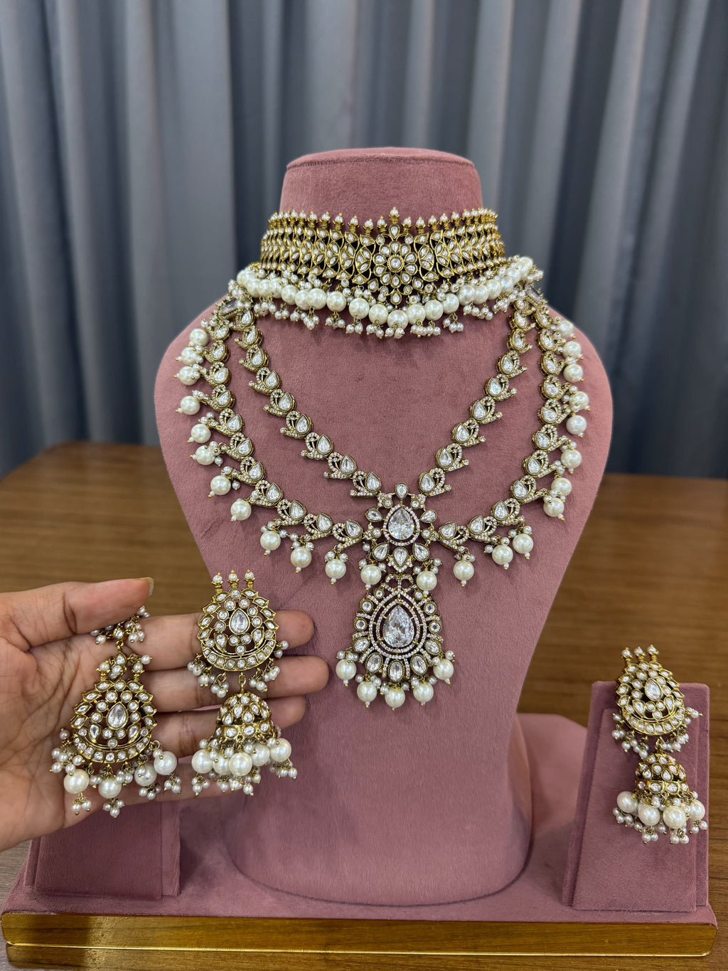Royal Bridal Kundan Polki Jewellery Set with Pearl Choker and Long Necklace