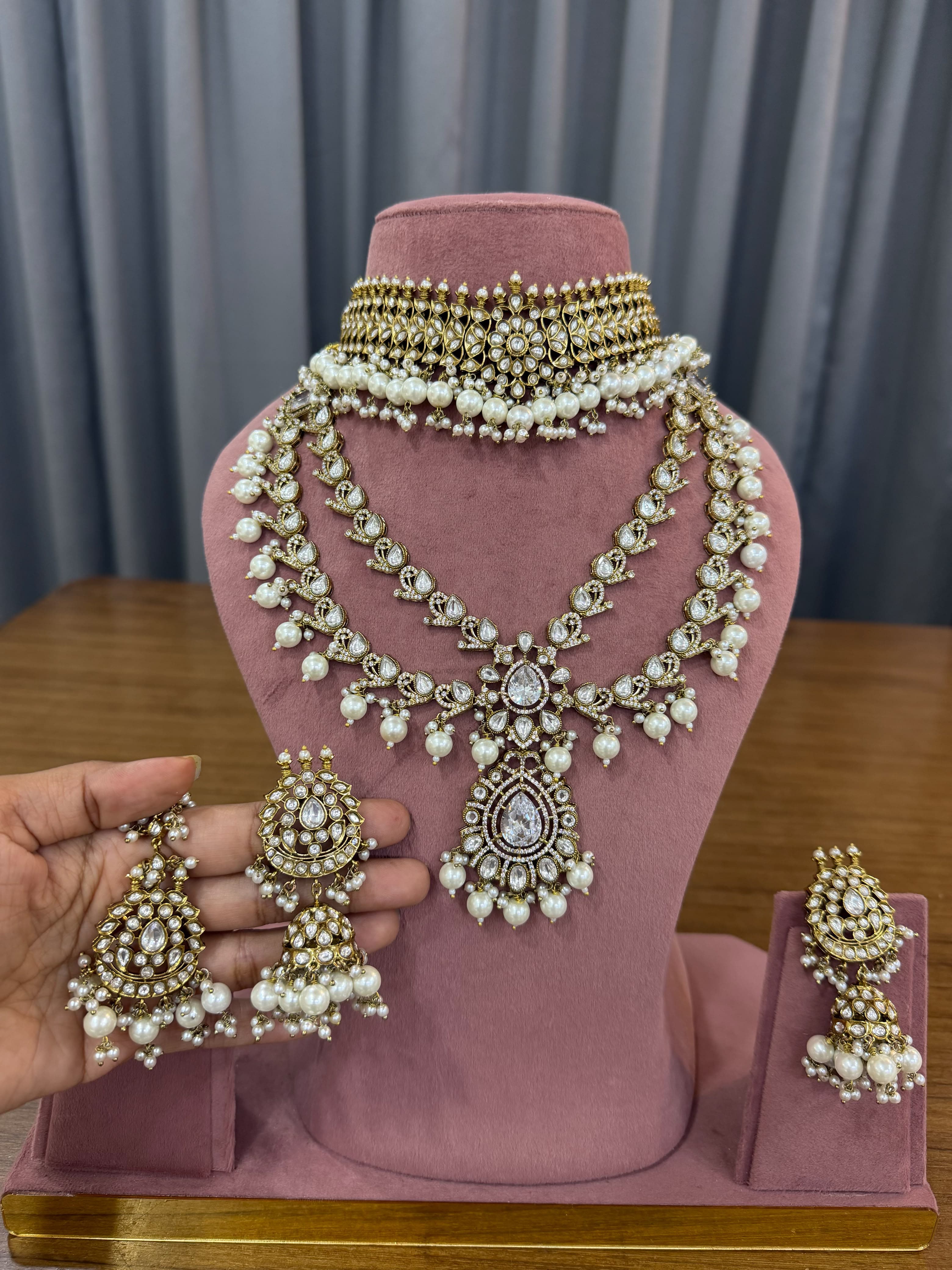 Royal Bridal Kundan Polki Jewellery Set with Pearl Choker and Long Necklace