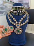 Bridal polki kundan jewellery set with green stones choker long necklace earrings