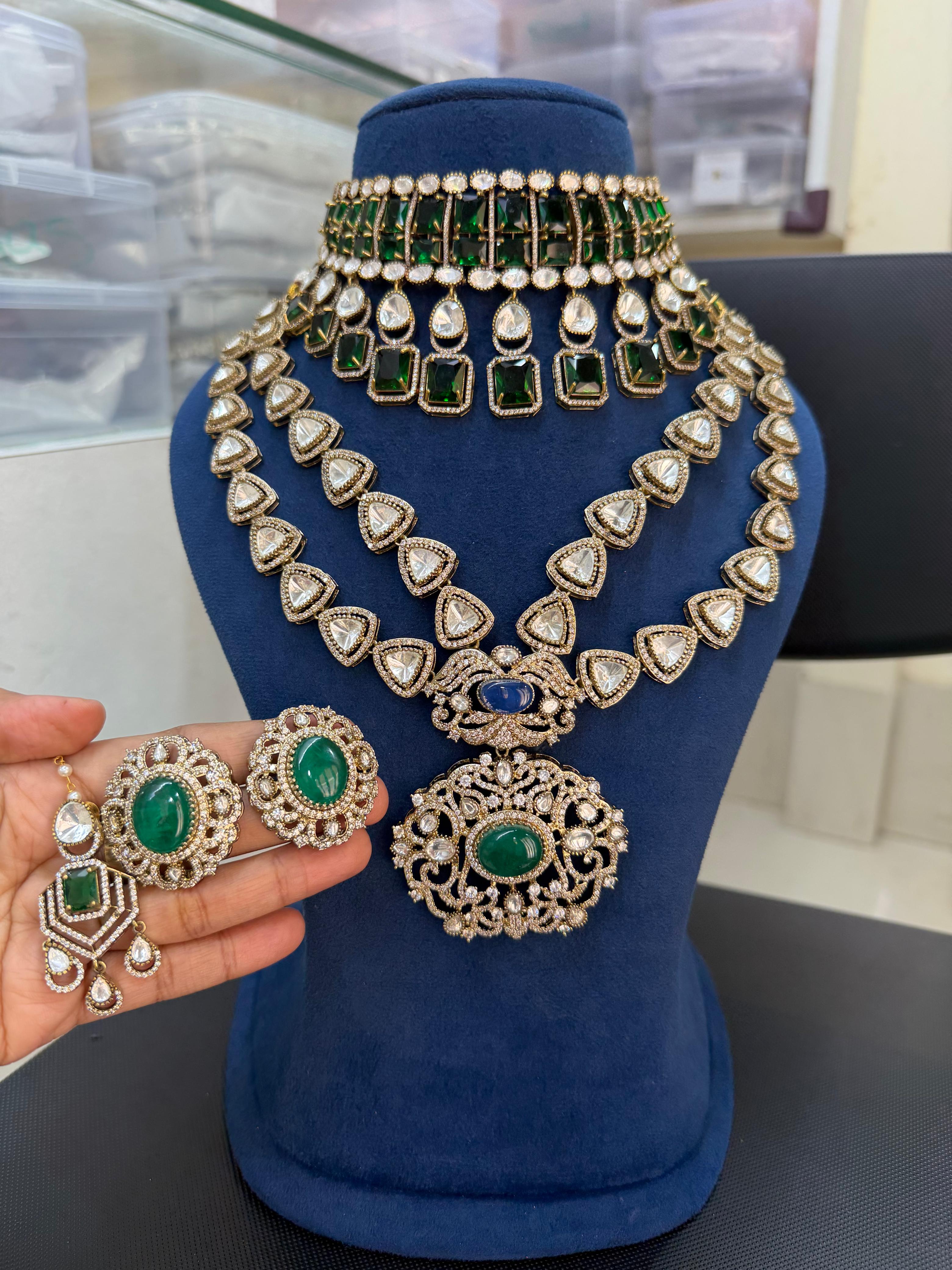 Bridal polki kundan jewellery set with green stones choker long necklace earrings