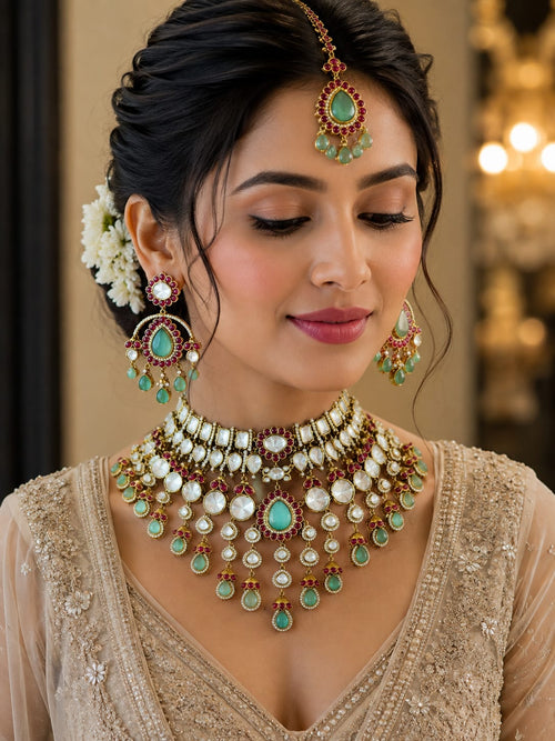 Bold Emerald-Ruby Kundan Polki Choker Set - Kundan Polki Bridal Jewellery by Ganesh Kundan & Polki (view 2)