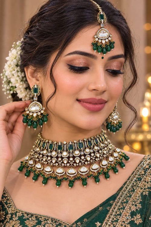 Green Polki bridal jewellery set for Indian wedding