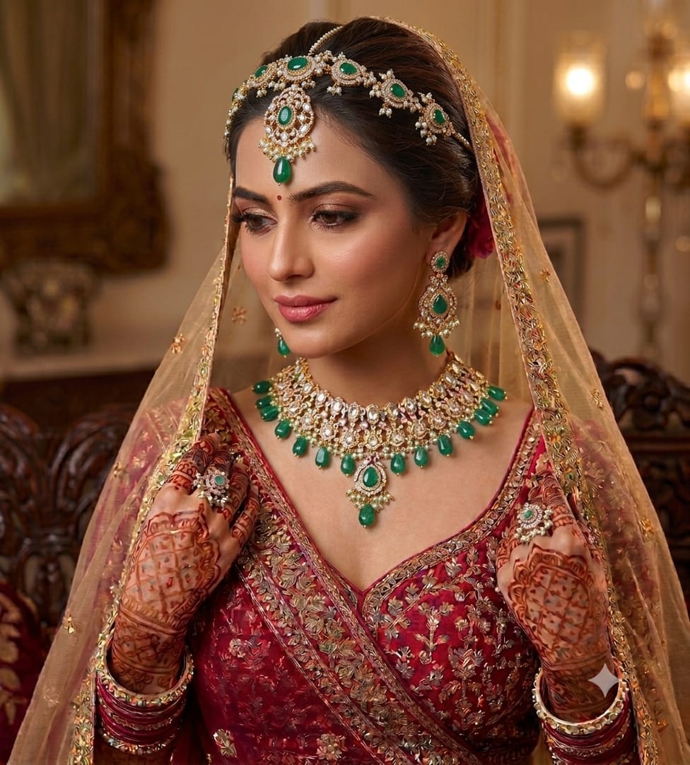 Luxury Emerald Green Kundan Bridal Jewellery Set