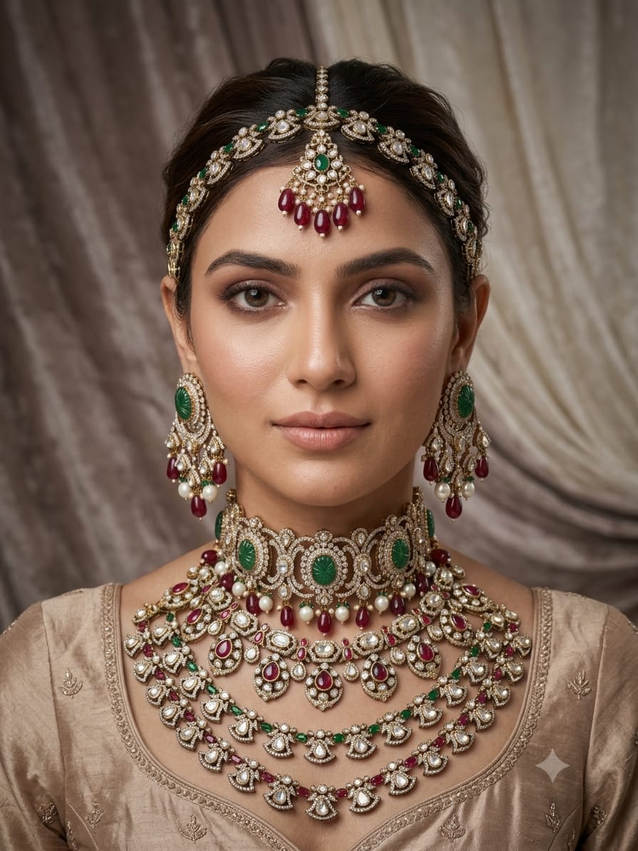 Royal Bridal Kundan Jewellery Set with Green Stones and Ruby Beads