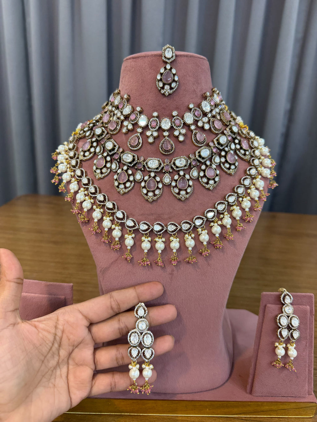 Pastel pink artificial Polki bridal jewellery set with choker and long necklace