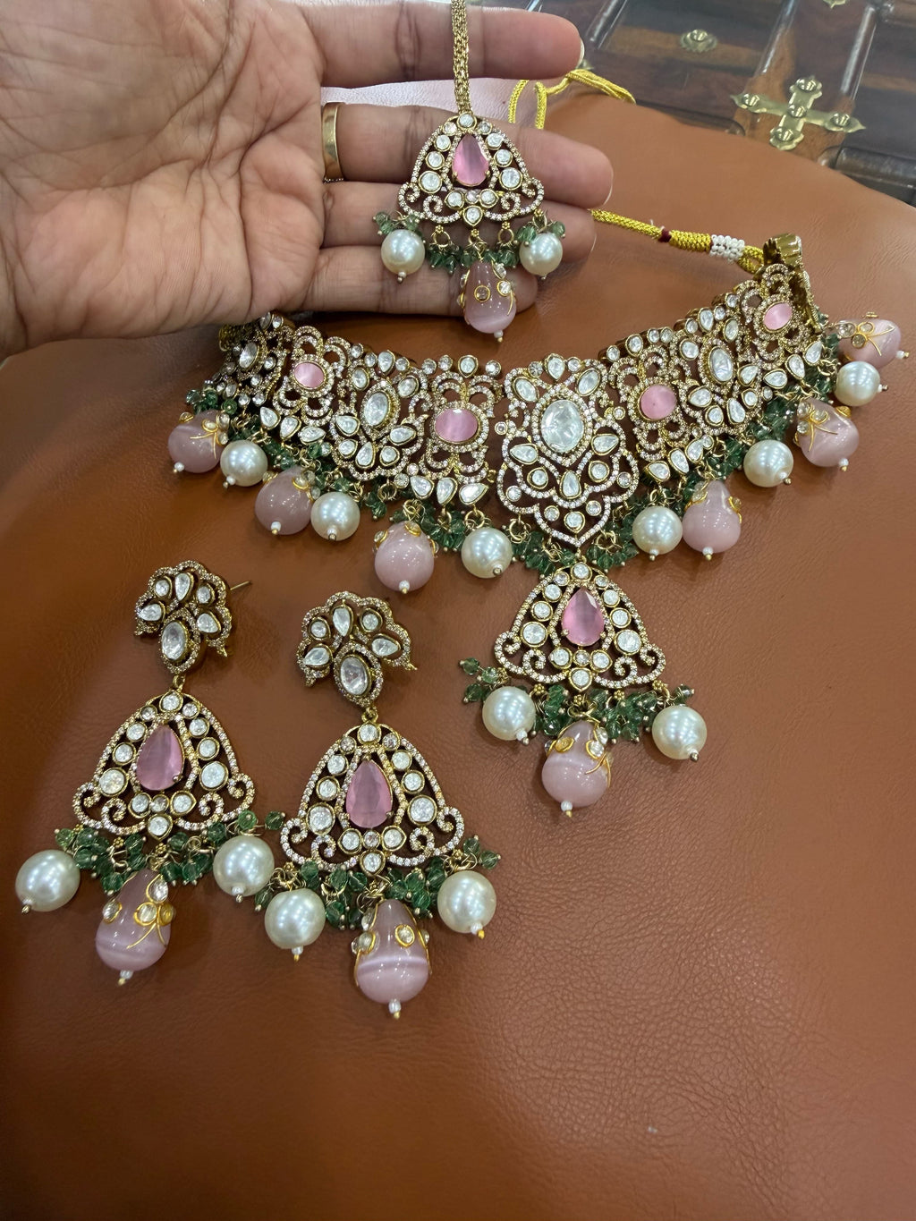 Pink Bridal Kundan Polki Choker Jewellery Set with Earrings and Maang Tikka
