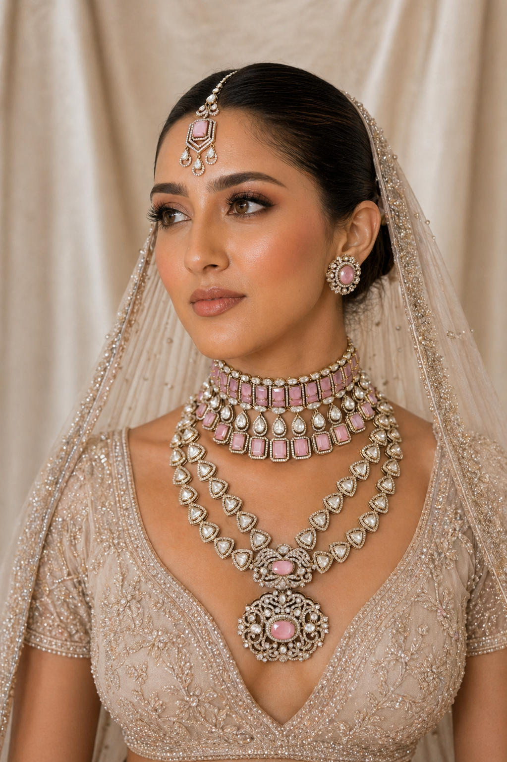 Artificial polki jewellery set with pink stones for wedding