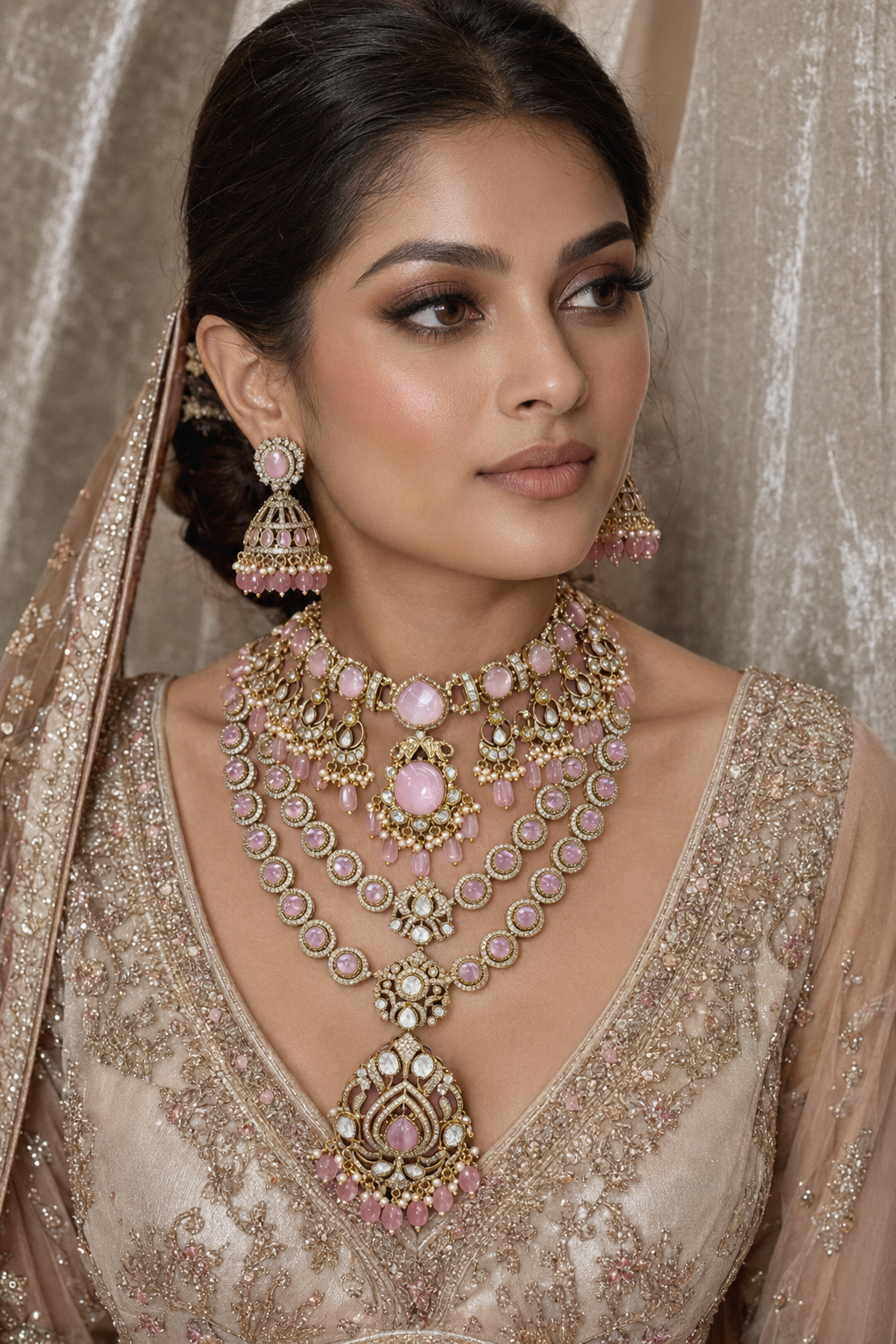 Pink Bridal Kundan and Polki Jewellery Set with Choker and Long Necklace