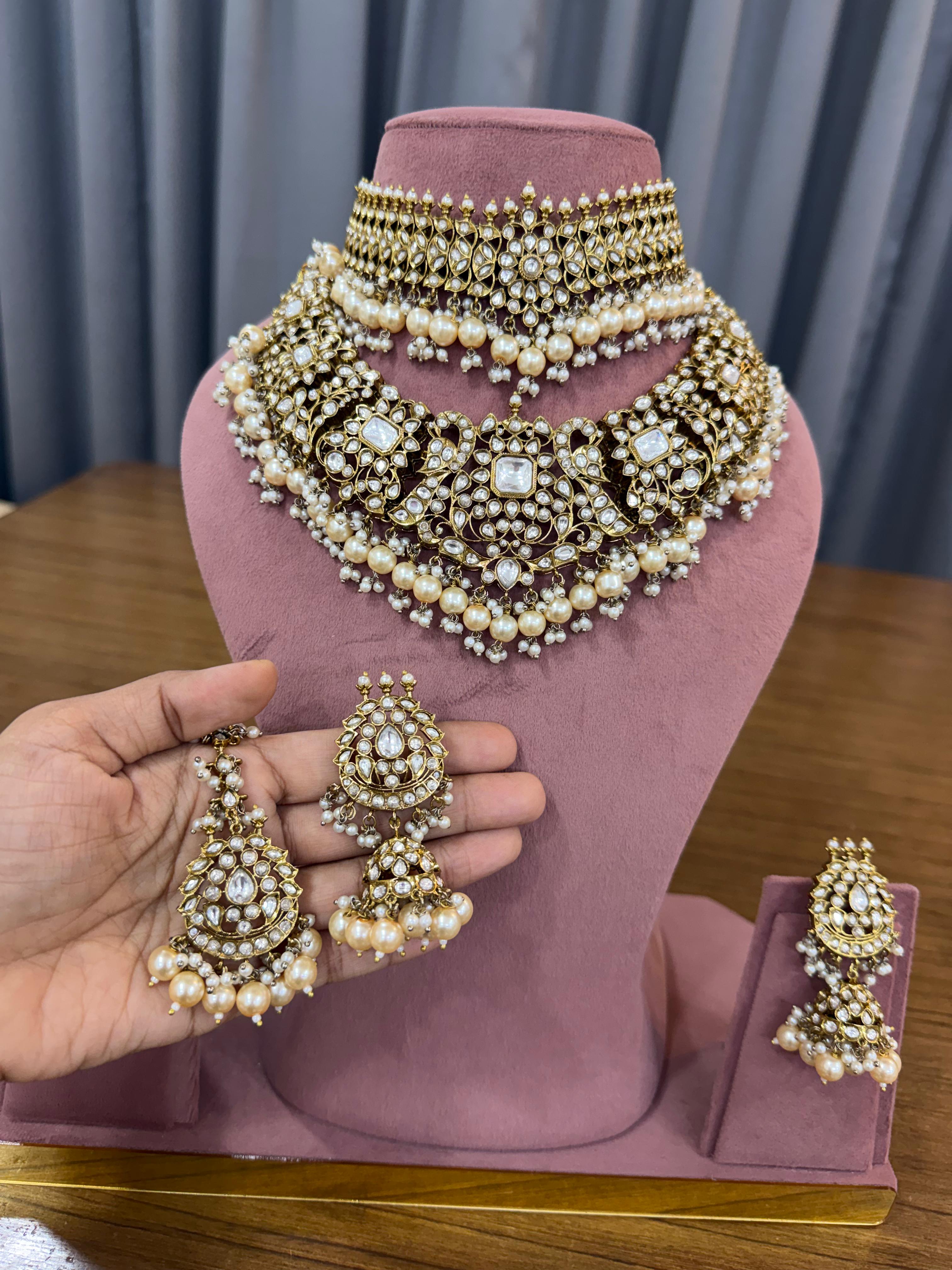 Bridal kundan polki jewellery set with pearl drops choker necklace and earrings