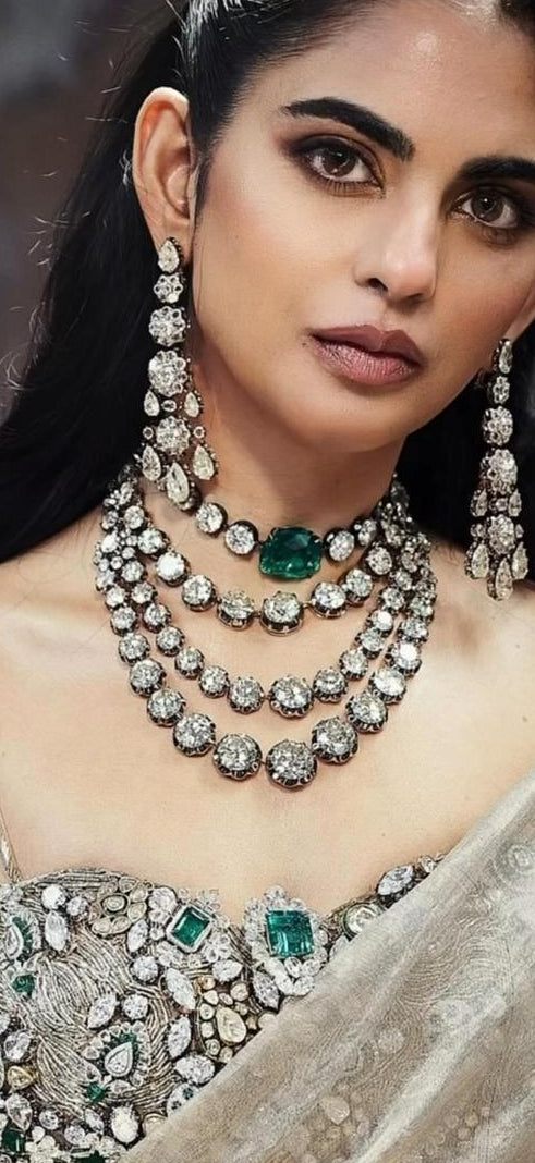 Emerald Green Bridal Kundan & Polki Jewellery Set with Choker and Long Necklace