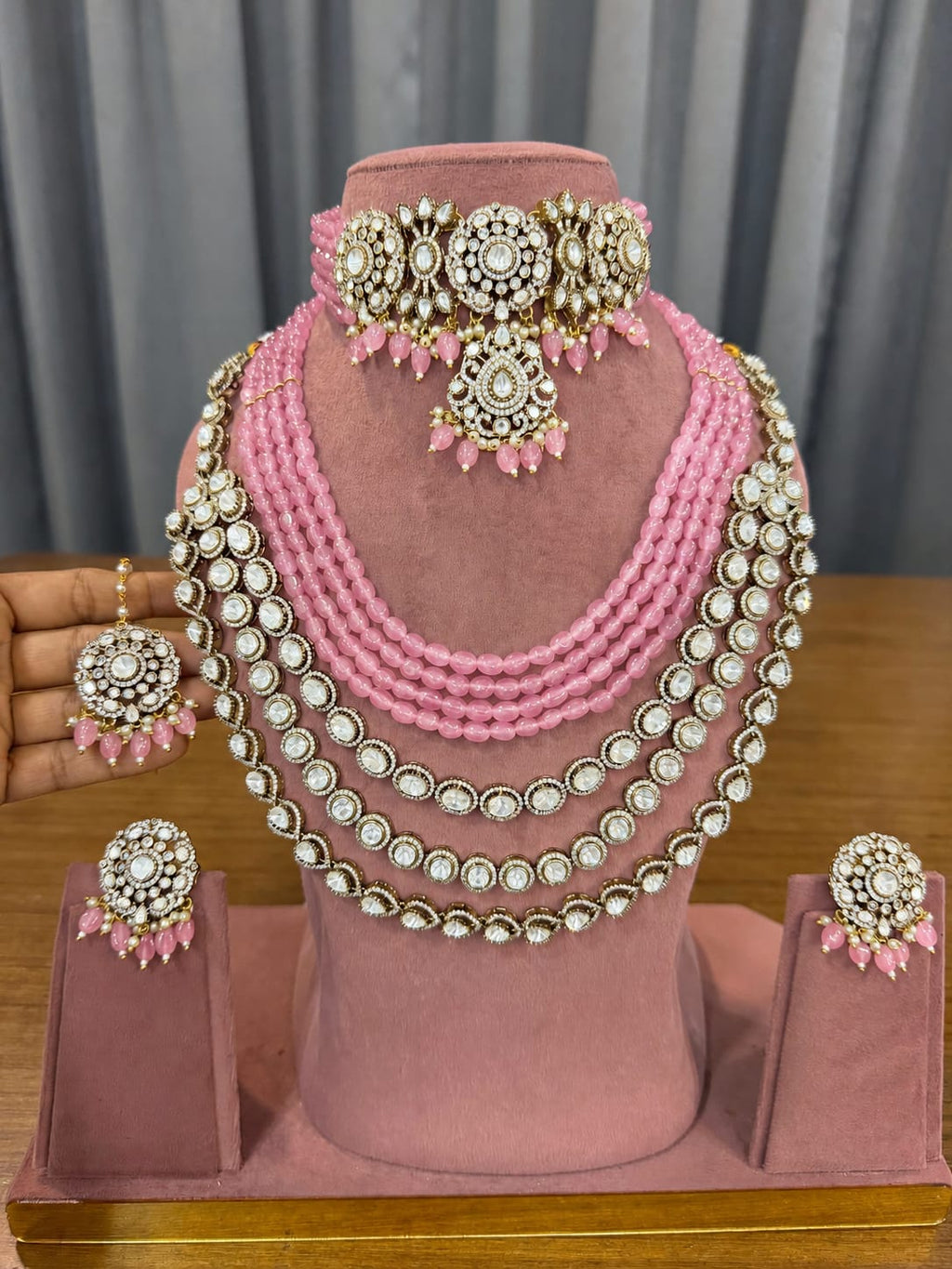 Premium Baby Pink Bridal Kundan & Polki Jewellery Set with Multi-Layer Beaded Haram, Choker and Stud Earrings